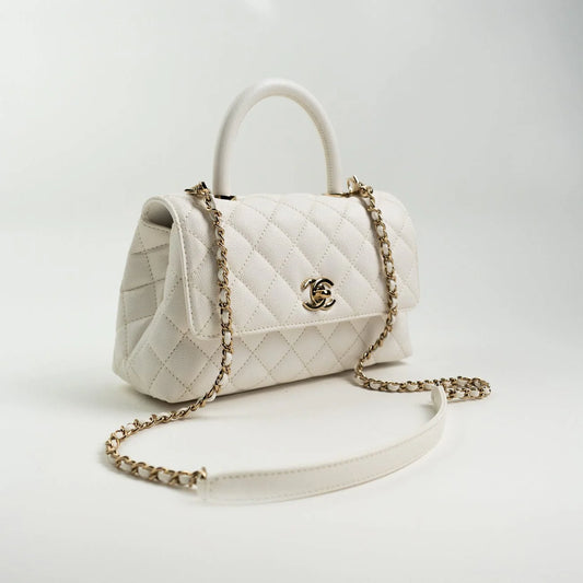 Chanel White Caviar Quilted Small Coco Handle